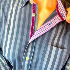 Blue Striped Button Down with Purple Details